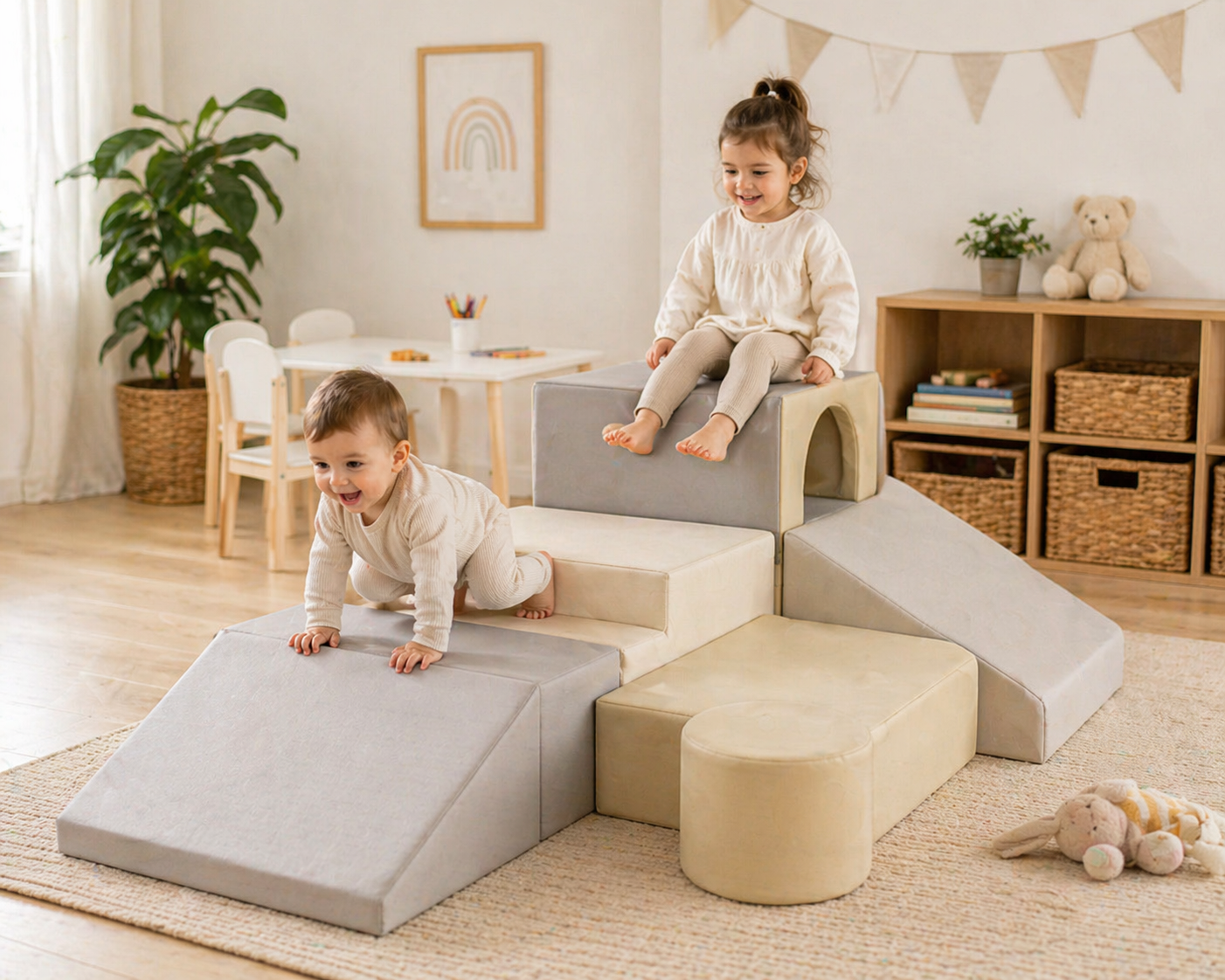 Indoor soft play sets collection featuring toddlers climbing and playing on foam blocks and ramps in a bright, modern playroom setting