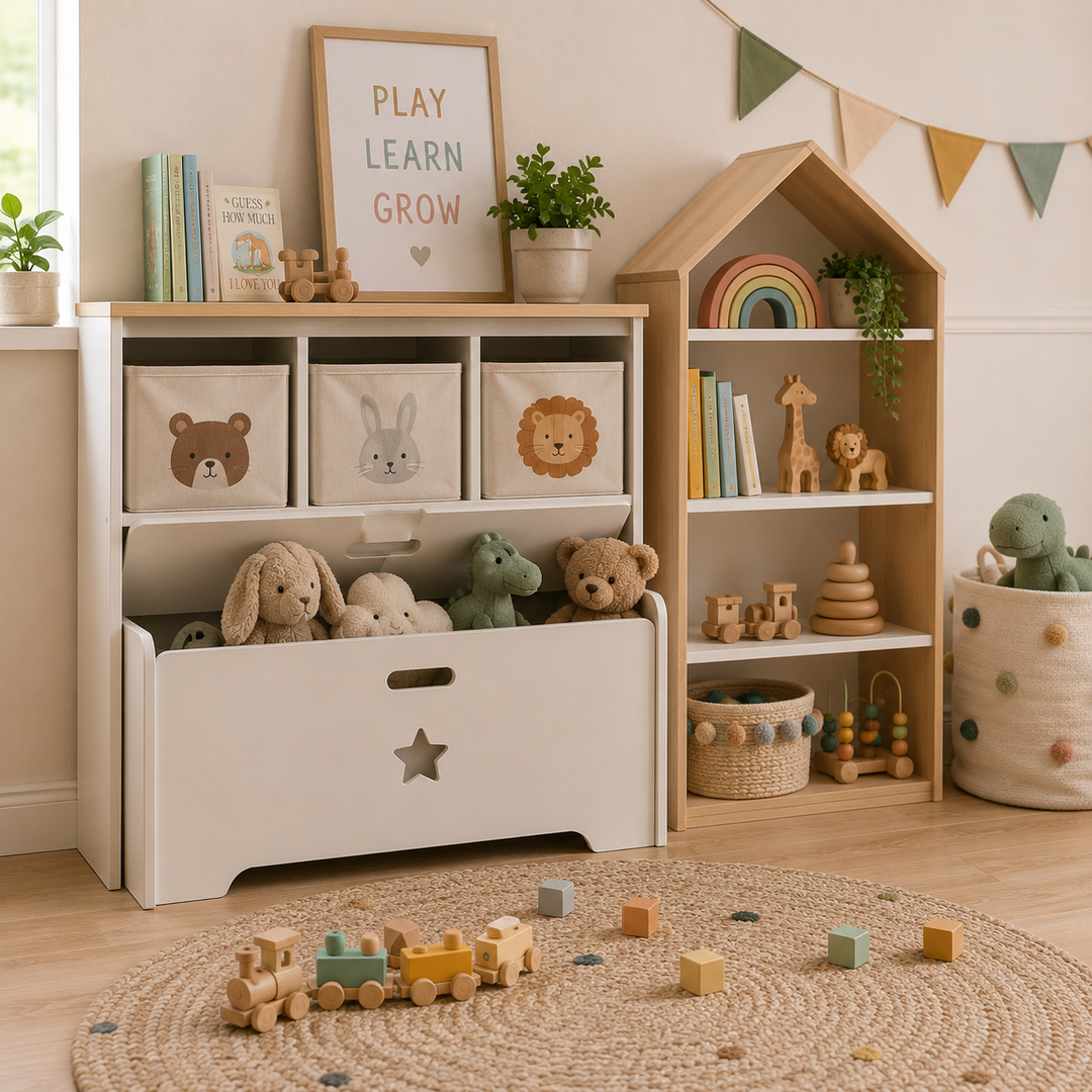 Children's toy storage unit and bookshelf in a modern playroom