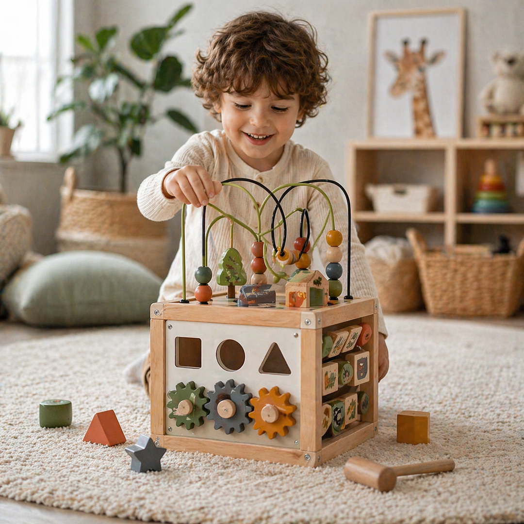 Pre-school toys collection featuring a child playing with a wooden activity toy in a bright, modern playroom setting
