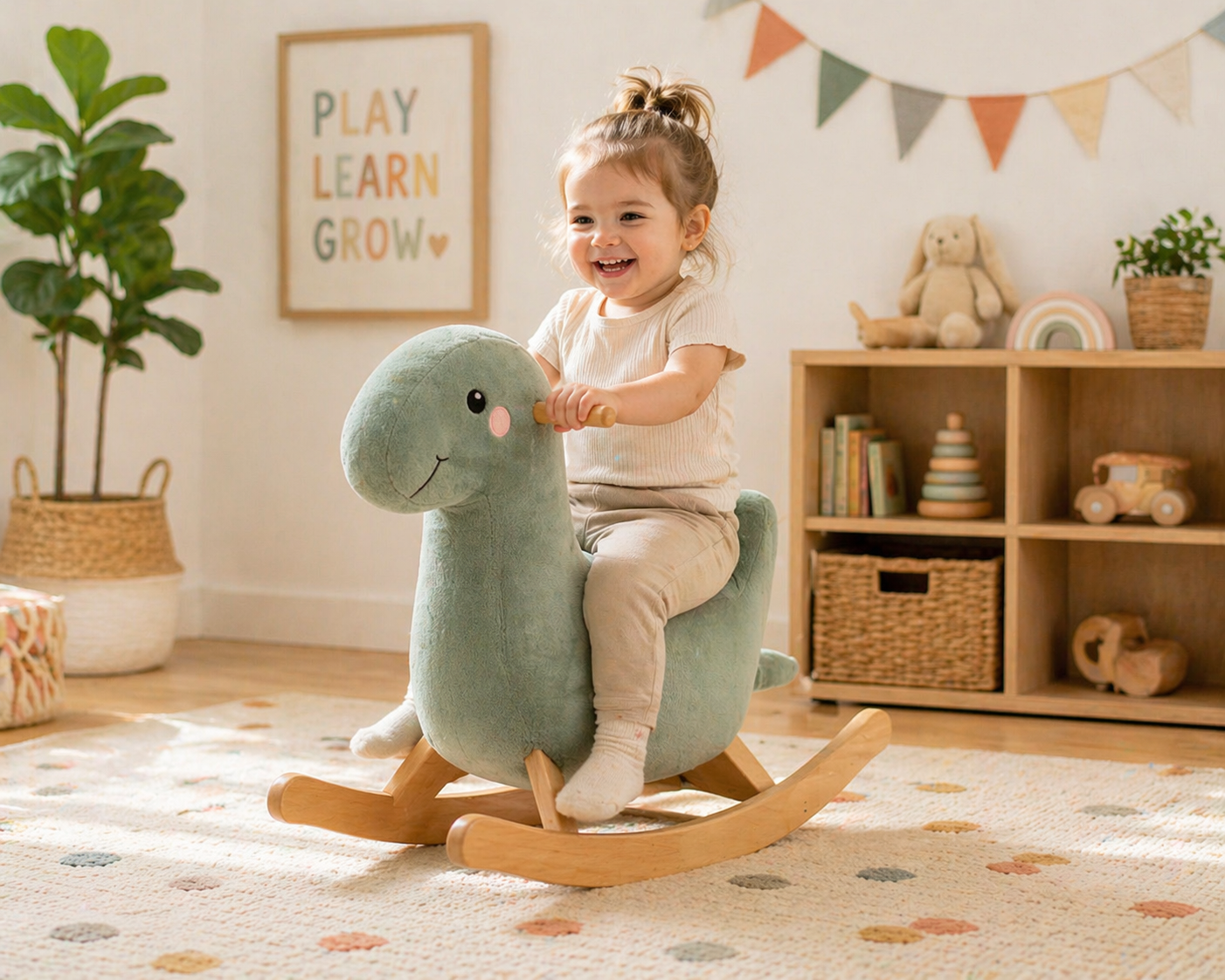Rocking horses collection featuring a toddler riding a modern soft rocking toy in a bright, neutral-toned playroom setting