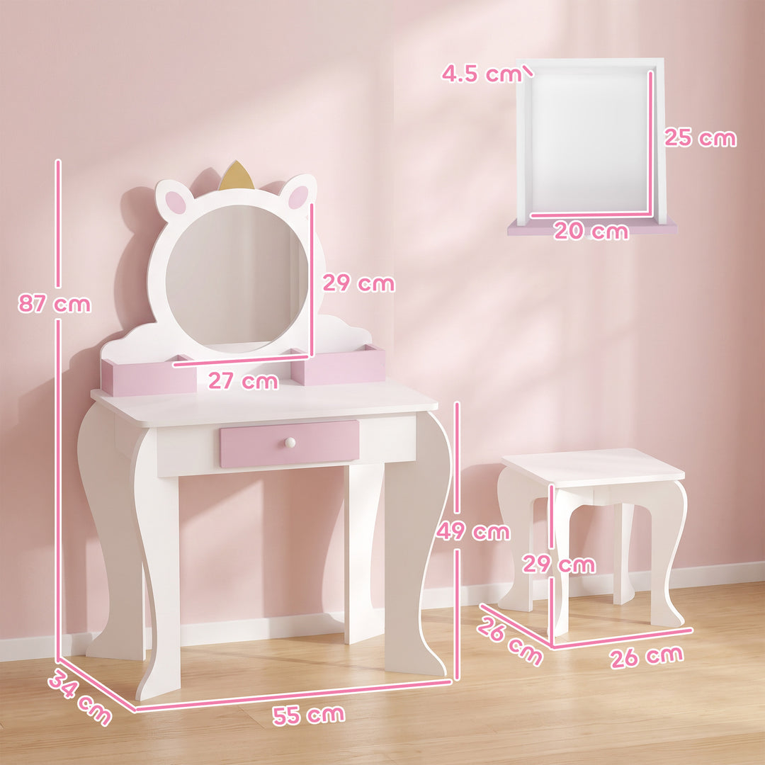 ZONEKIZ Unicorn-Design Kids Dressing Table, with Mirror and Stool - White