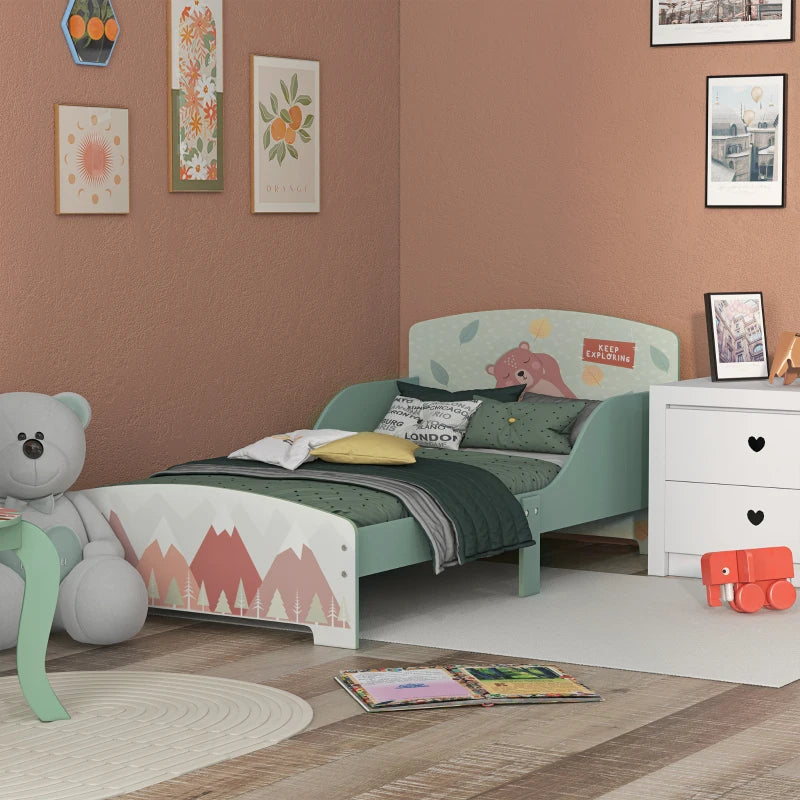 ZONEKIZ Toddler Bed Frame – Green Animal Design (Ages 3–6)