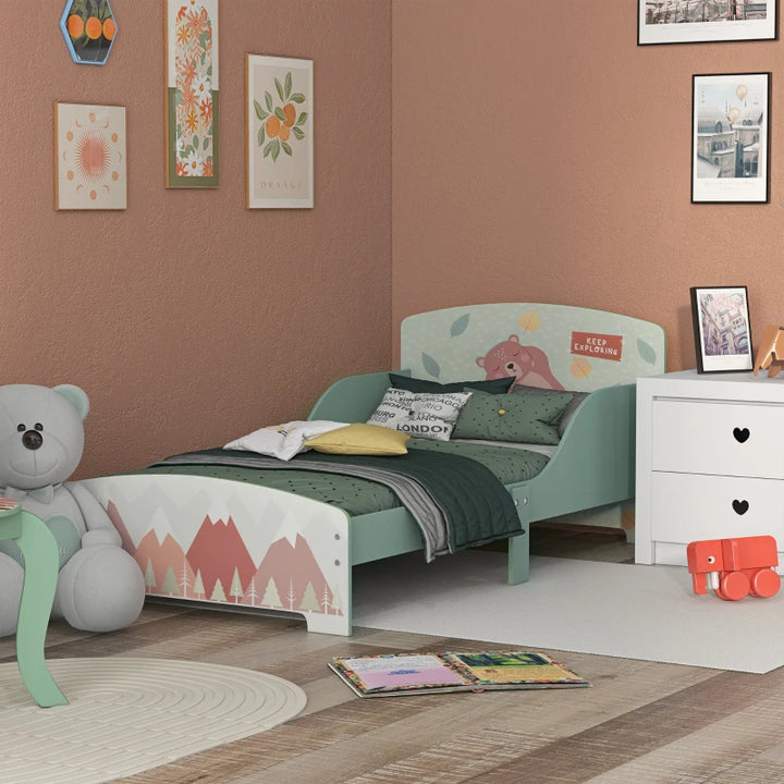 ZONEKIZ Toddler Bed Frame – Green Animal Design (Ages 3–6)