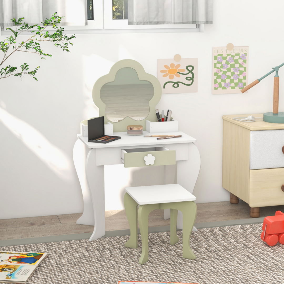 ZONEKIZ Kids Dressing Table & Stool – White Flower Vanity Set