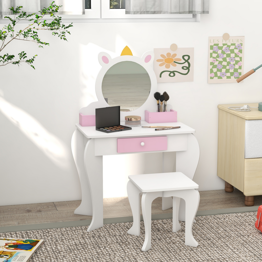 ZONEKIZ Kids Unicorn Dressing Table & Stool – White & Pink Vanity Set