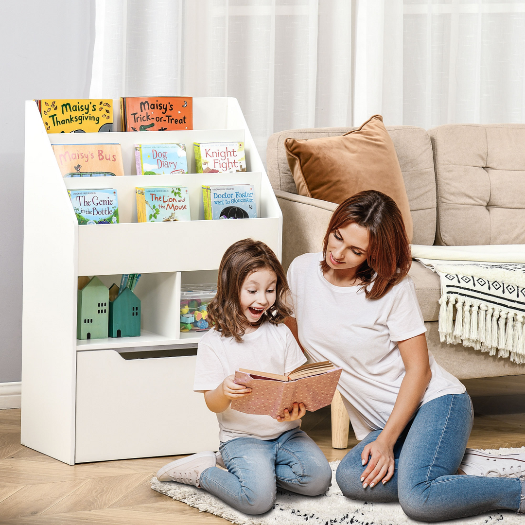 HOMCOM Kids Bookshelf & Toy Organiser with Drawer & Wheels – White