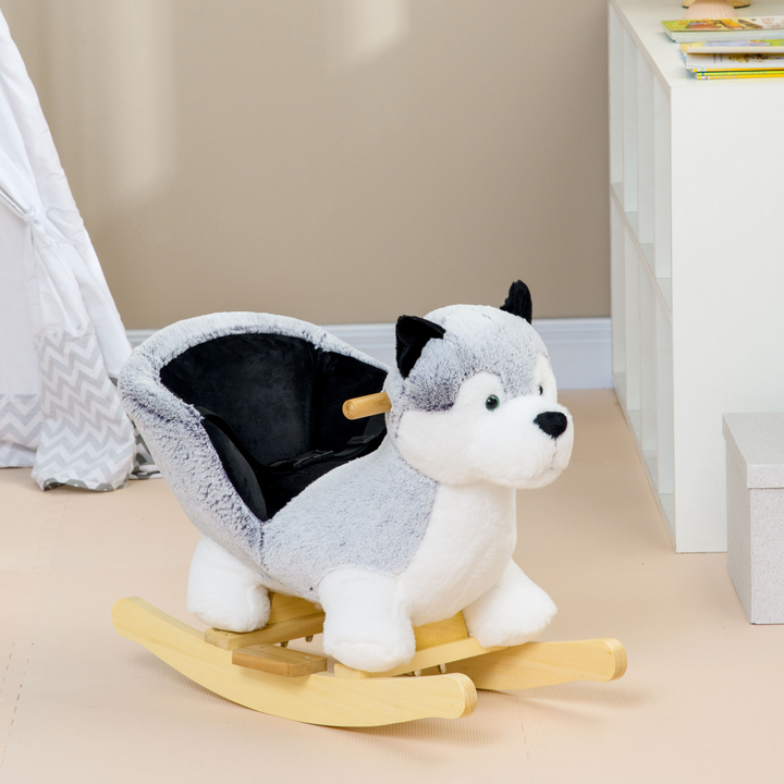 HOMCOM Plush Husky Rocking Toy with Sounds & Safety Belt – Grey