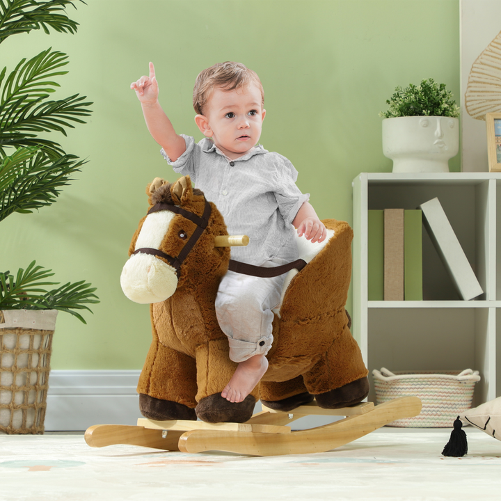 AIYAPLAY Brown Rocking Horse with Sounds & Safety Belt – 18–36M