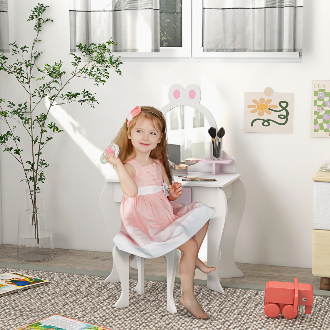 ZONEKIZ Kids Dressing Table & Stool – White & Pink Bunny Vanity Set