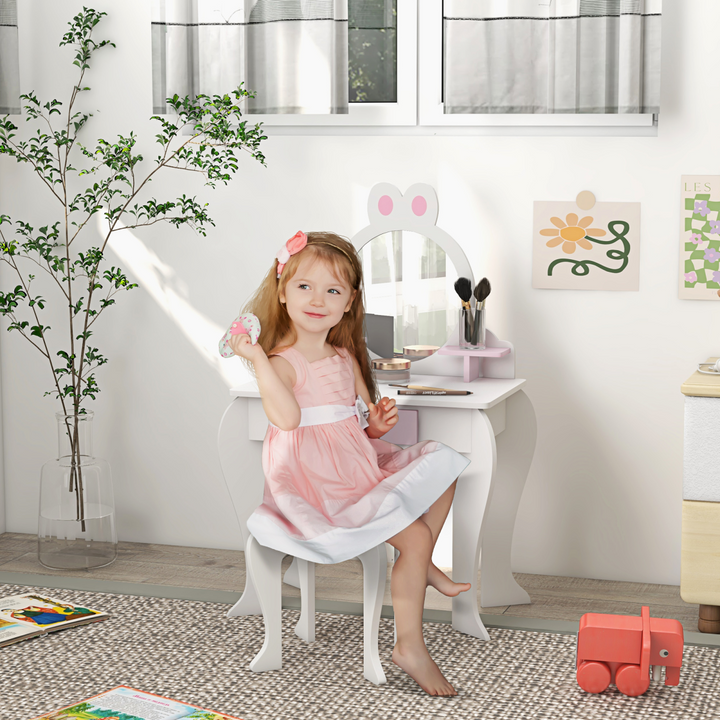 ZONEKIZ Kids Dressing Table & Stool – White & Pink Bunny Vanity Set