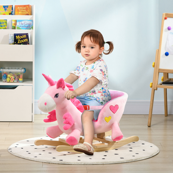 HOMCOM Kids Rocking Unicorn – Pink Plush Ride-On with Music
