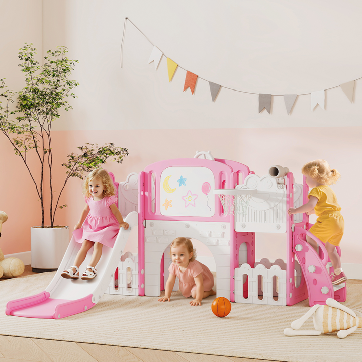 AIYAPLAY 7-in-1 Toddler Swing & Slide Playset Climbing Frame - Pink