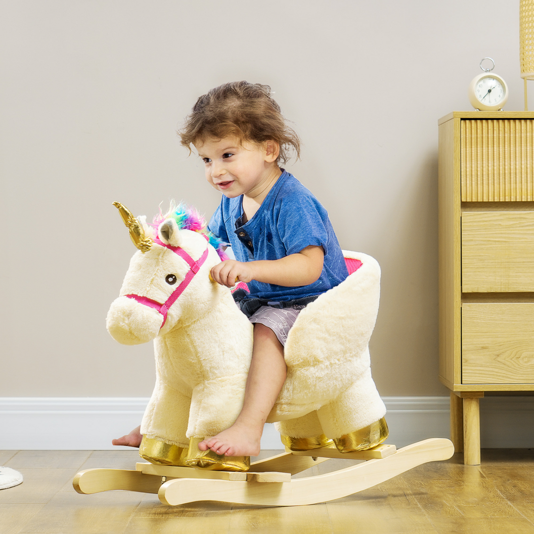 AIYAPLAY Plush Rocking Unicorn with Sound & Safety Belt – Cream