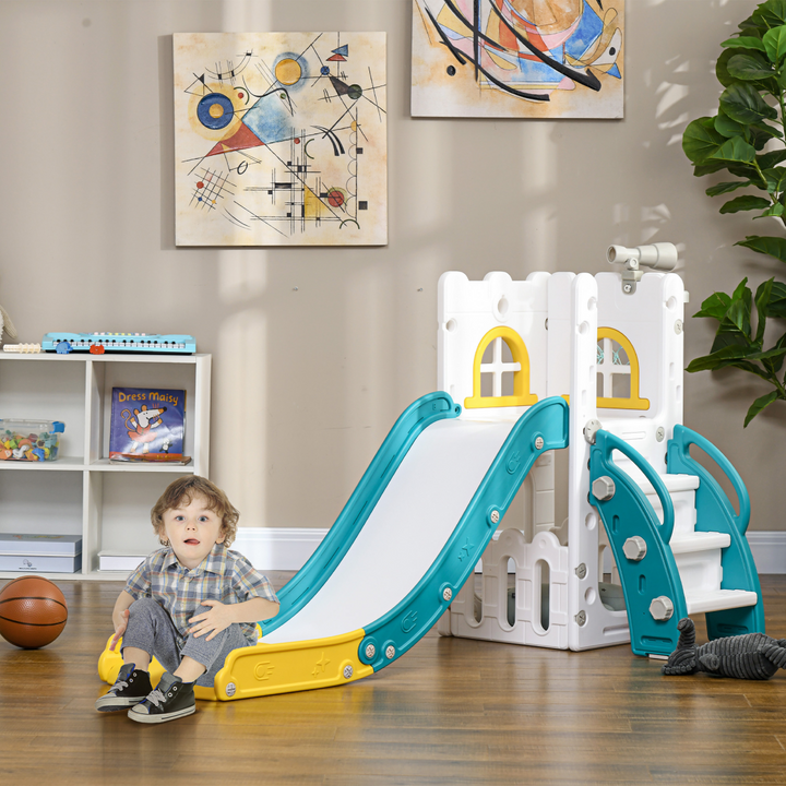 AIYAPLAY 4-in-1 Toddler Slide with Hoop, Telescope & Storage – Yellow