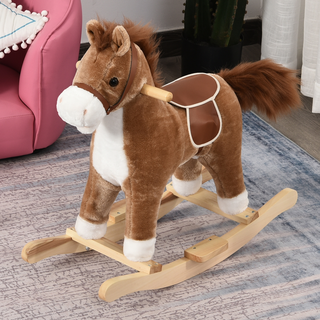 HOMCOM Kids Plush Rocking Horse with Sounds – Brown