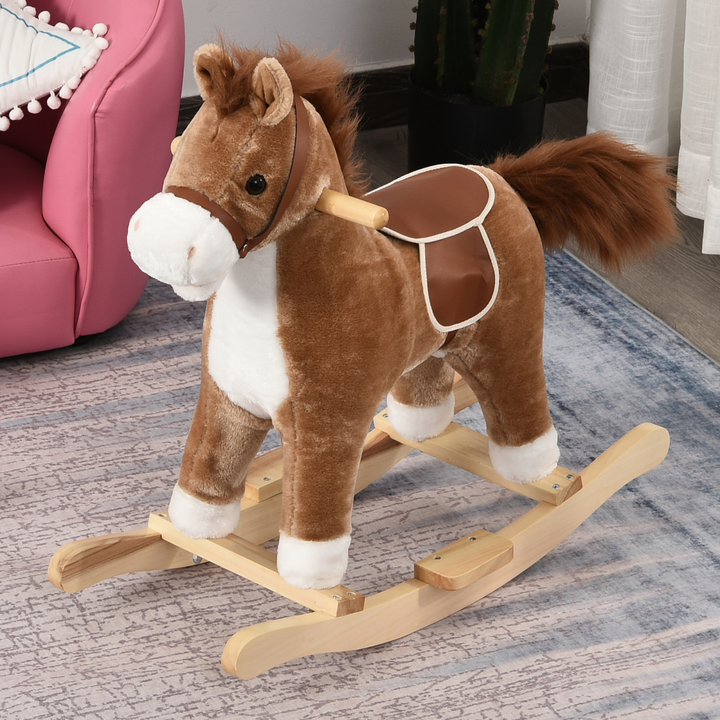HOMCOM Kids Plush Rocking Horse with Sounds – Brown