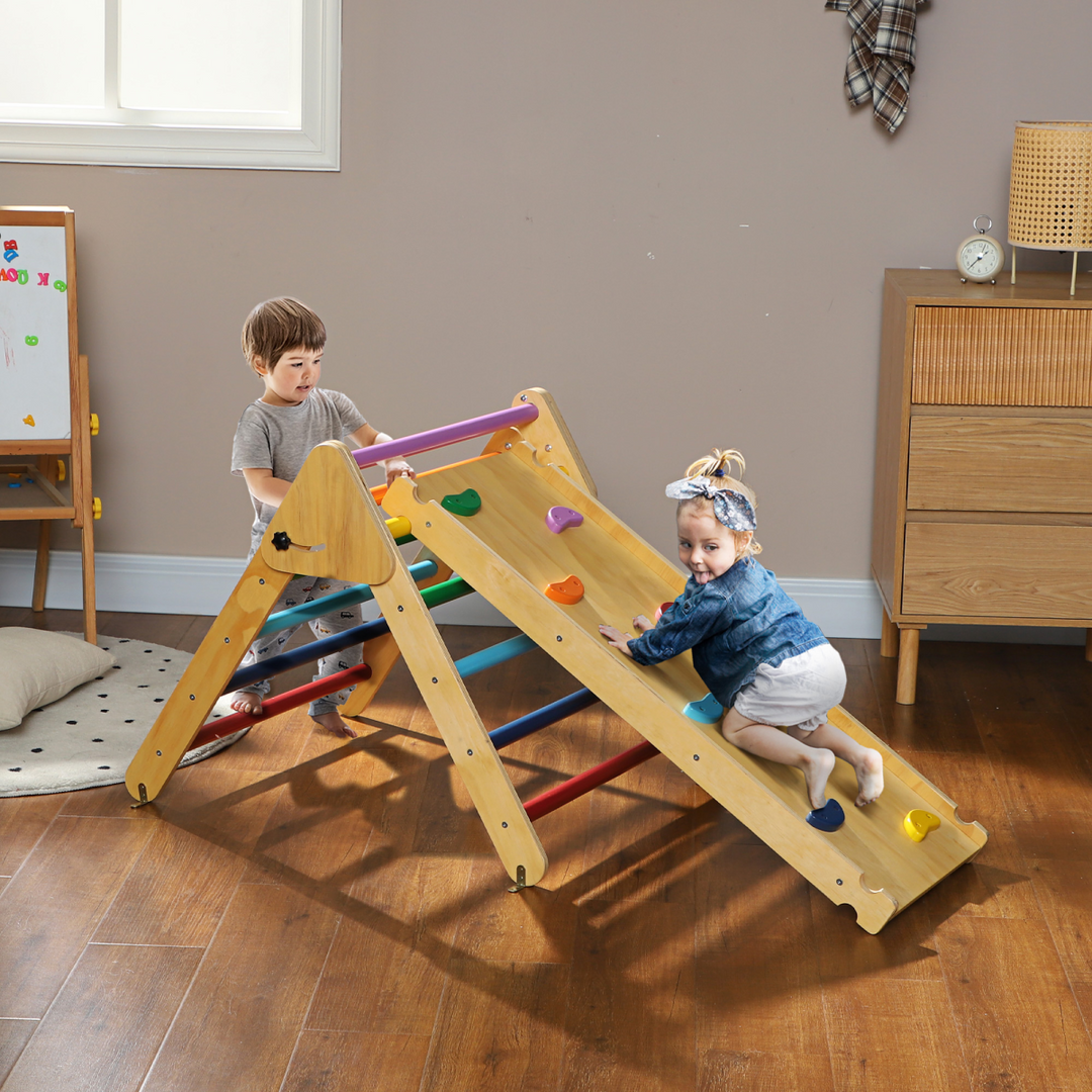 AIYAPLAY Toddler Climbing Frame – 3-in-1 Wooden Pikler Triangle with Ramp – Multicolour