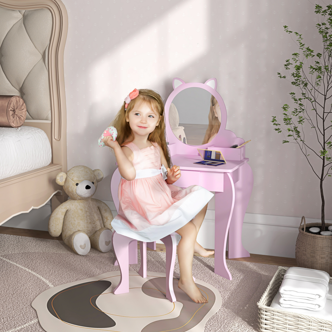 ZONEKIZ Kids Dressing Table & Stool – Pink Cat Vanity Set