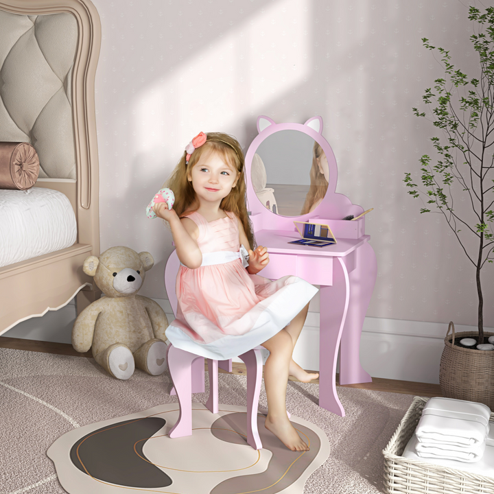 ZONEKIZ Kids Dressing Table & Stool – Pink Cat Vanity Set