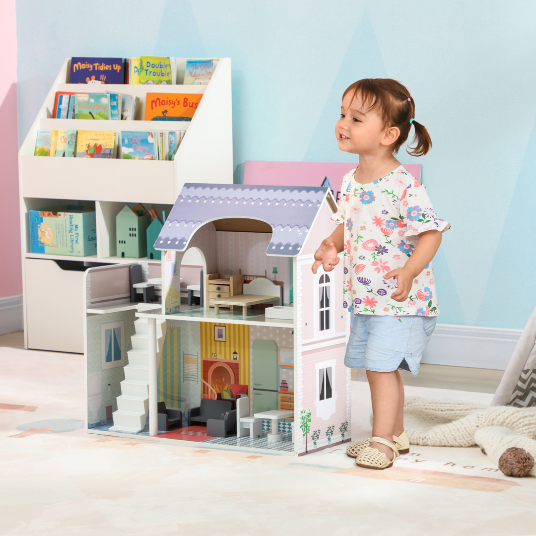 AIYAPLAY 2-Level Dolls House with Balcony &amp; 13 Furniture Pieces – Multicoloured