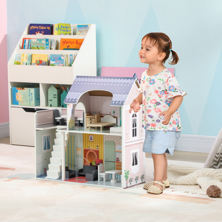 AIYAPLAY 2-Level Dolls House with Balcony &amp; 13 Furniture Pieces – Multicoloured