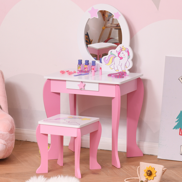 HOMCOM Kids Unicorn Dressing Table & Stool – Pink Vanity Set