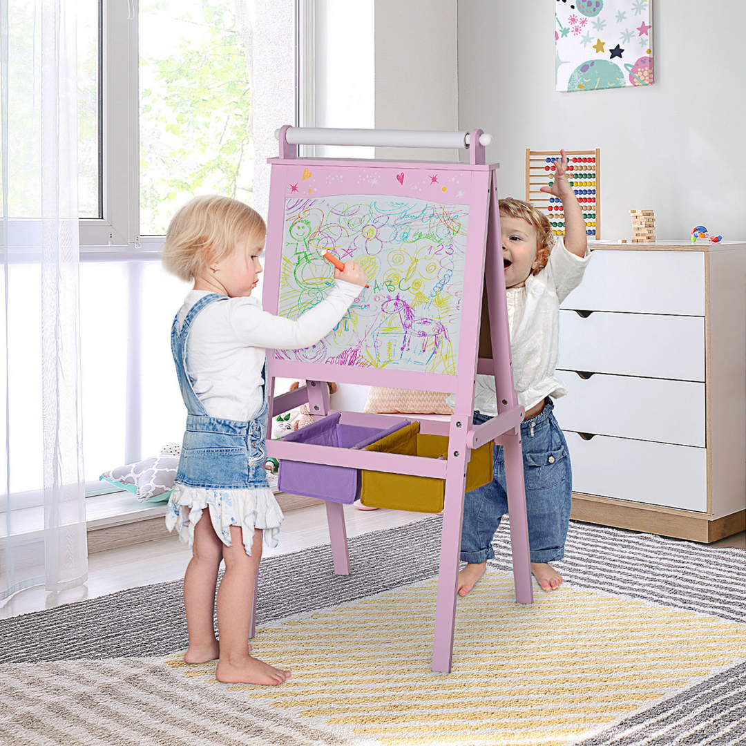 HOMCOM 3-in-1 Wooden Kids Art Easel with Paper Roll – Pink