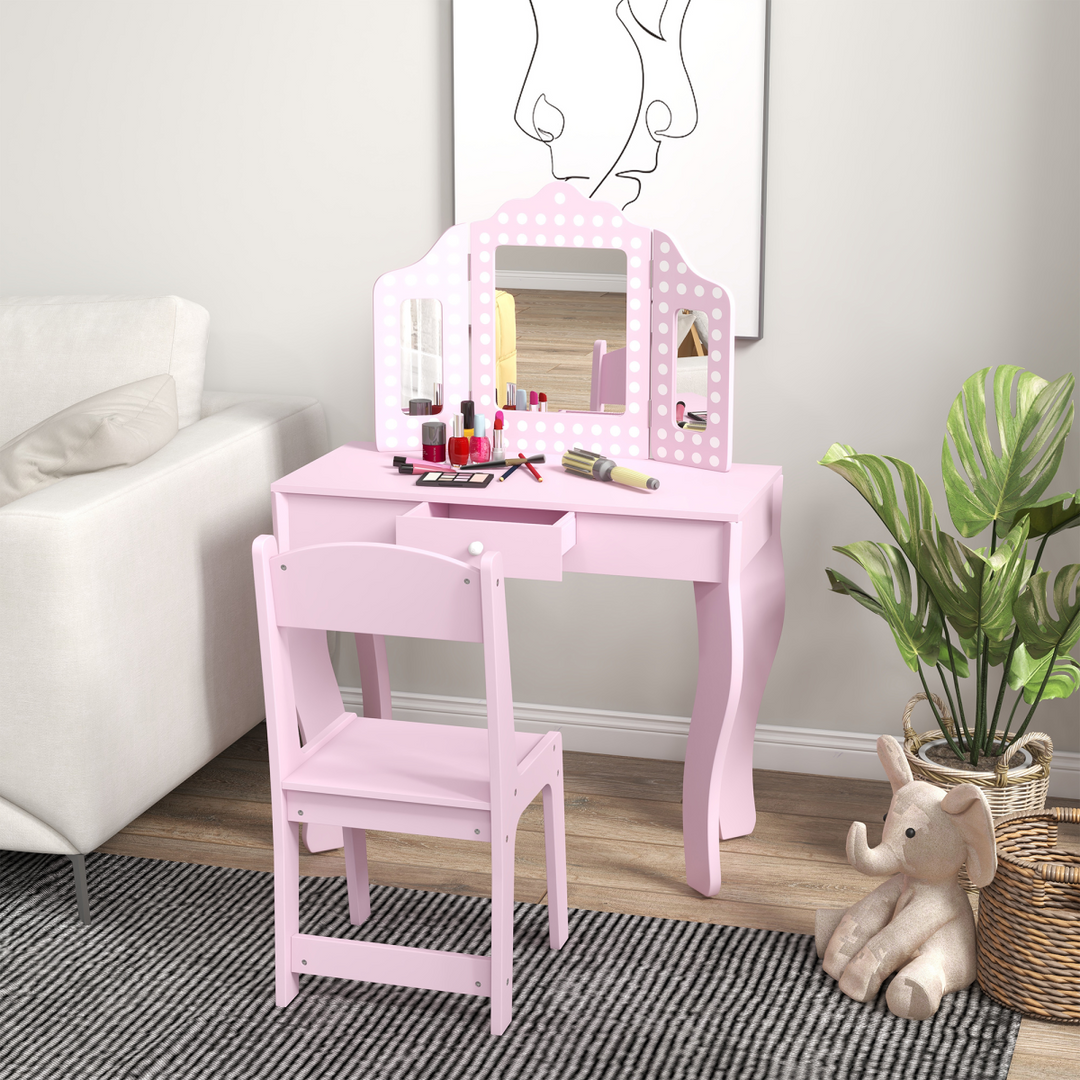 AIYAPLAY Kids Dressing Table & Stool – Pink Tri-Fold Mirror Vanity Set