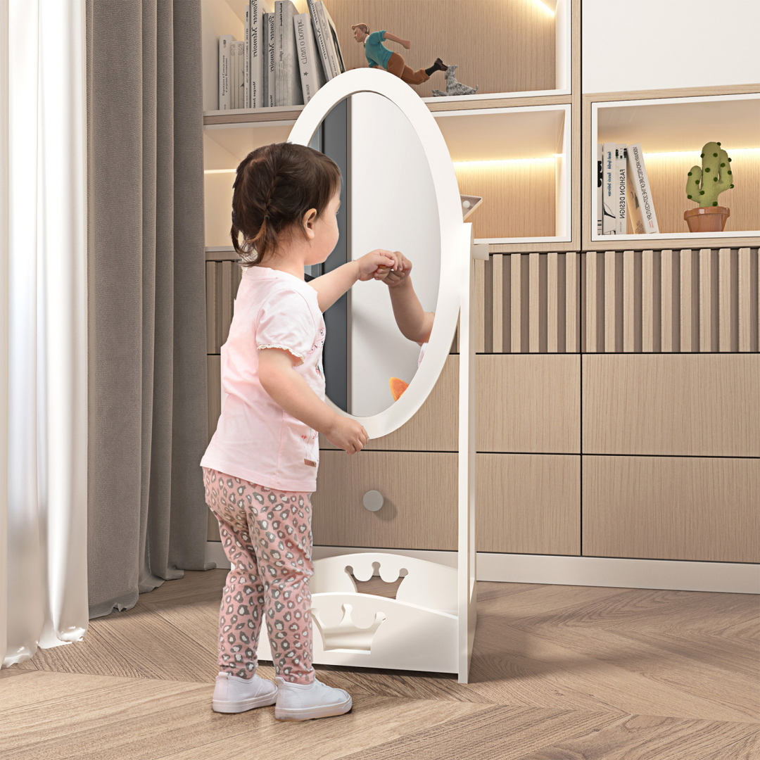 HOMCOM Kids 360° Rotating Full-Length Mirror with Shelf – White | Ages 3–8