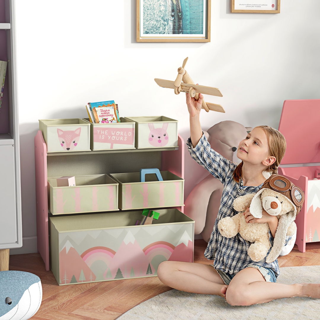 ZONEKIZ Kids Storage Organiser with Six Fabric Bins – Pink