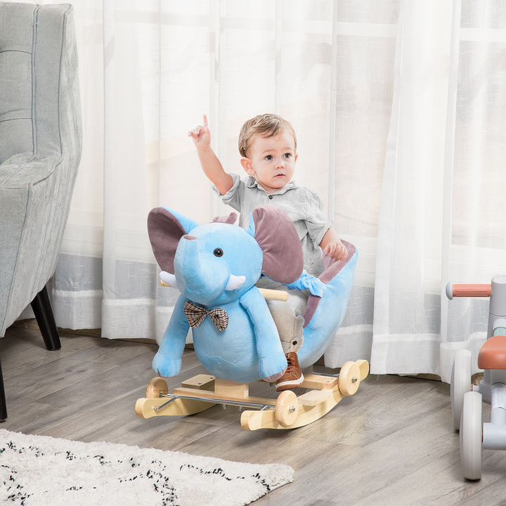 HOMCOM Plush Elephant Rocking Toy with Music – Blue/Beige