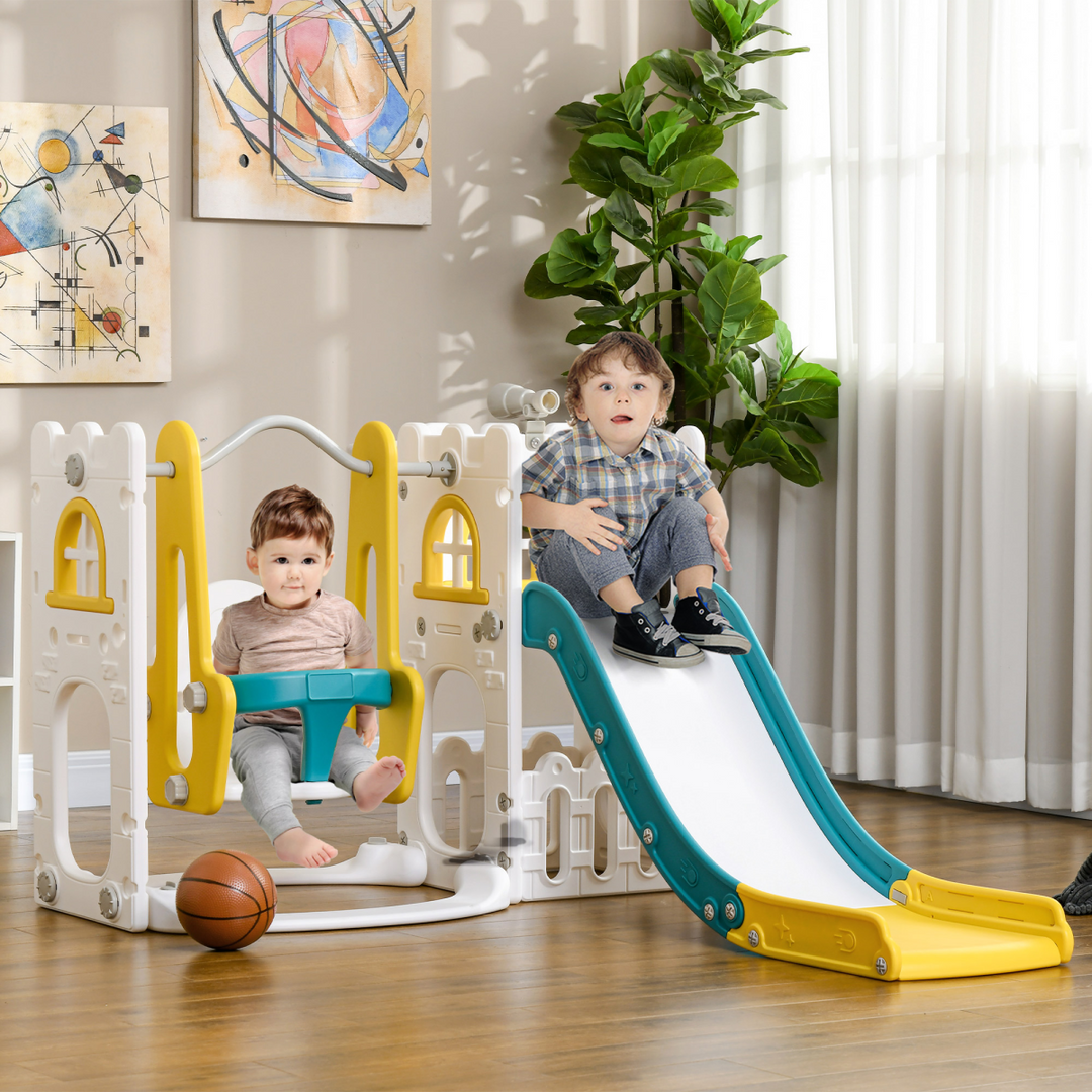 AIYAPLAY 6-in-1 Swing &amp; Slide Set with Basketball Hoop – Yellow (Ages 1–3 Years)