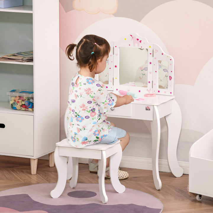 HOMCOM Kids Vanity Table & Chair Set with Tri-Folding Mirror – White