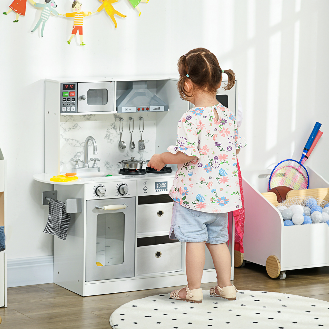 AIYAPLAY Toy Kitchen with Lights, Sounds, Ice Maker & Chef Set – White