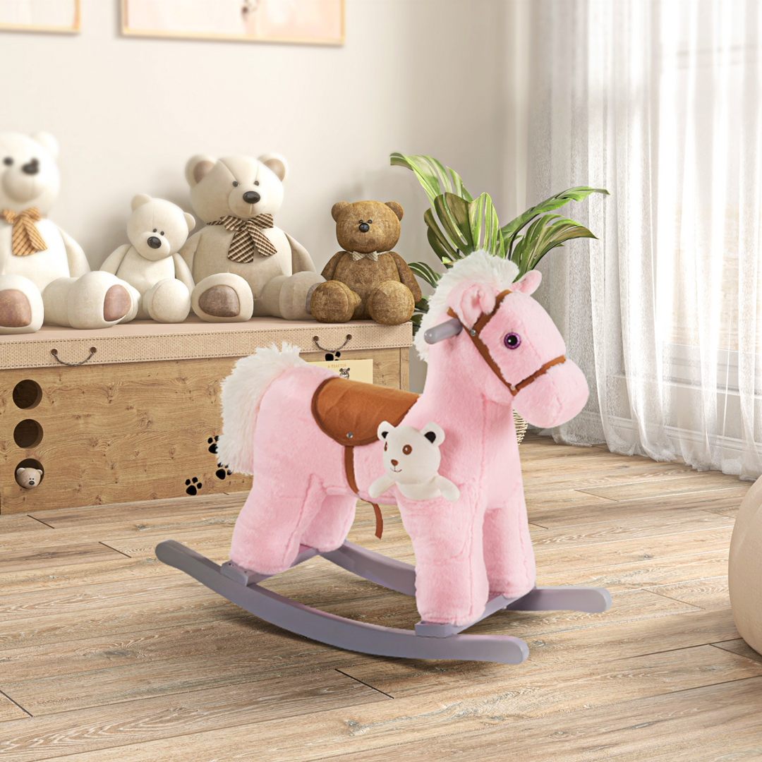 HOMCOM Kids Plush Rocking Horse with Sounds – Pink