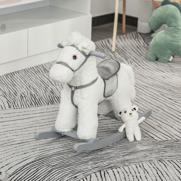 HOMCOM Kids Plush Rocking Horse with Sounds & Teddy – White