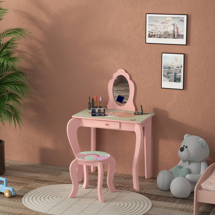 ZONEKIZ Kids Dressing Table & Stool – Pink Animal Vanity Set
