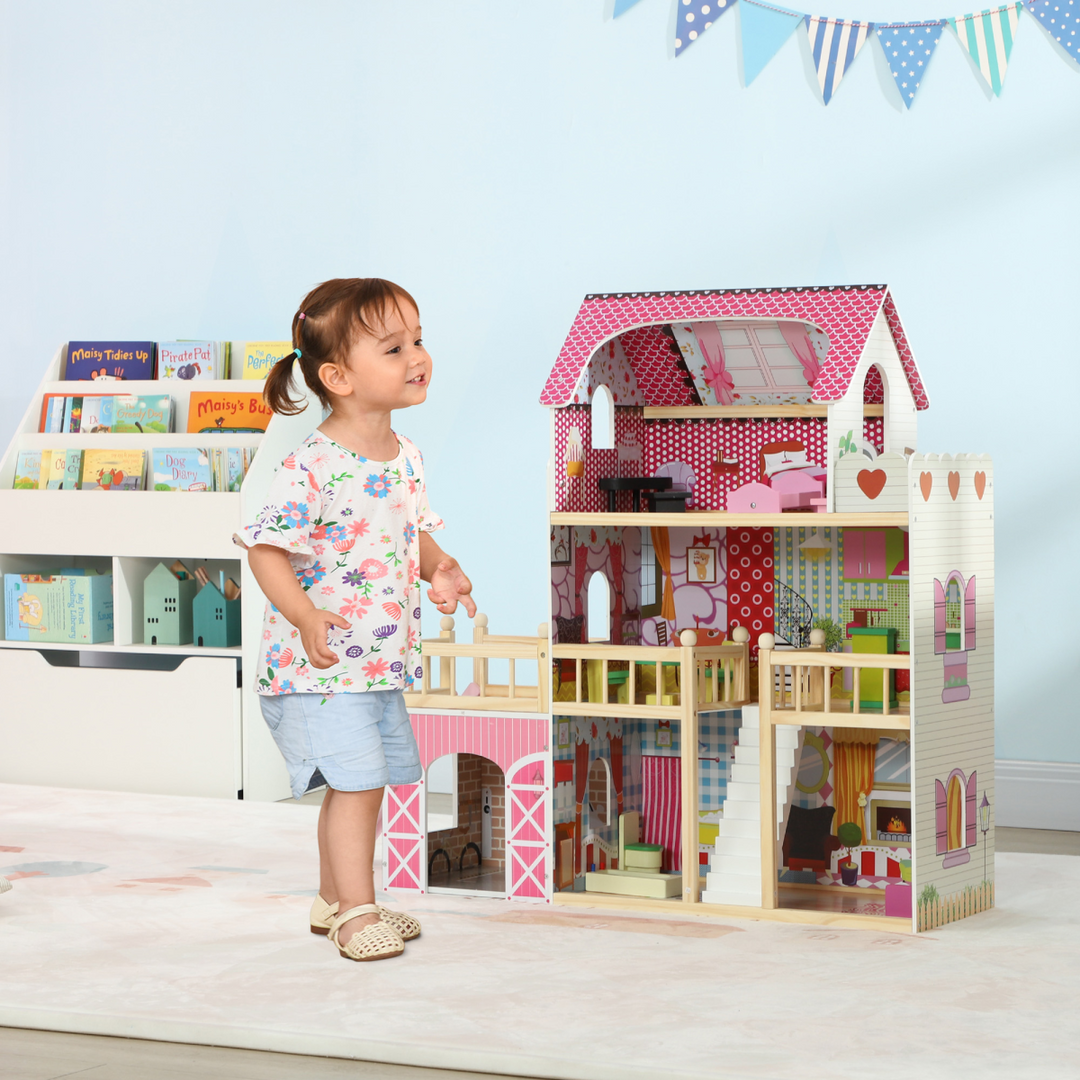 AIYAPLAY 3-Level Dolls House Play Set with 13 Wooden Furniture Pieces – Pink