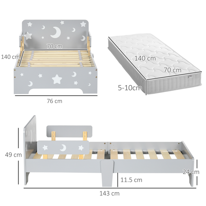 ZONEKIZ Kids Toddler Bed – Grey Star & Moon (Ages 3–6)