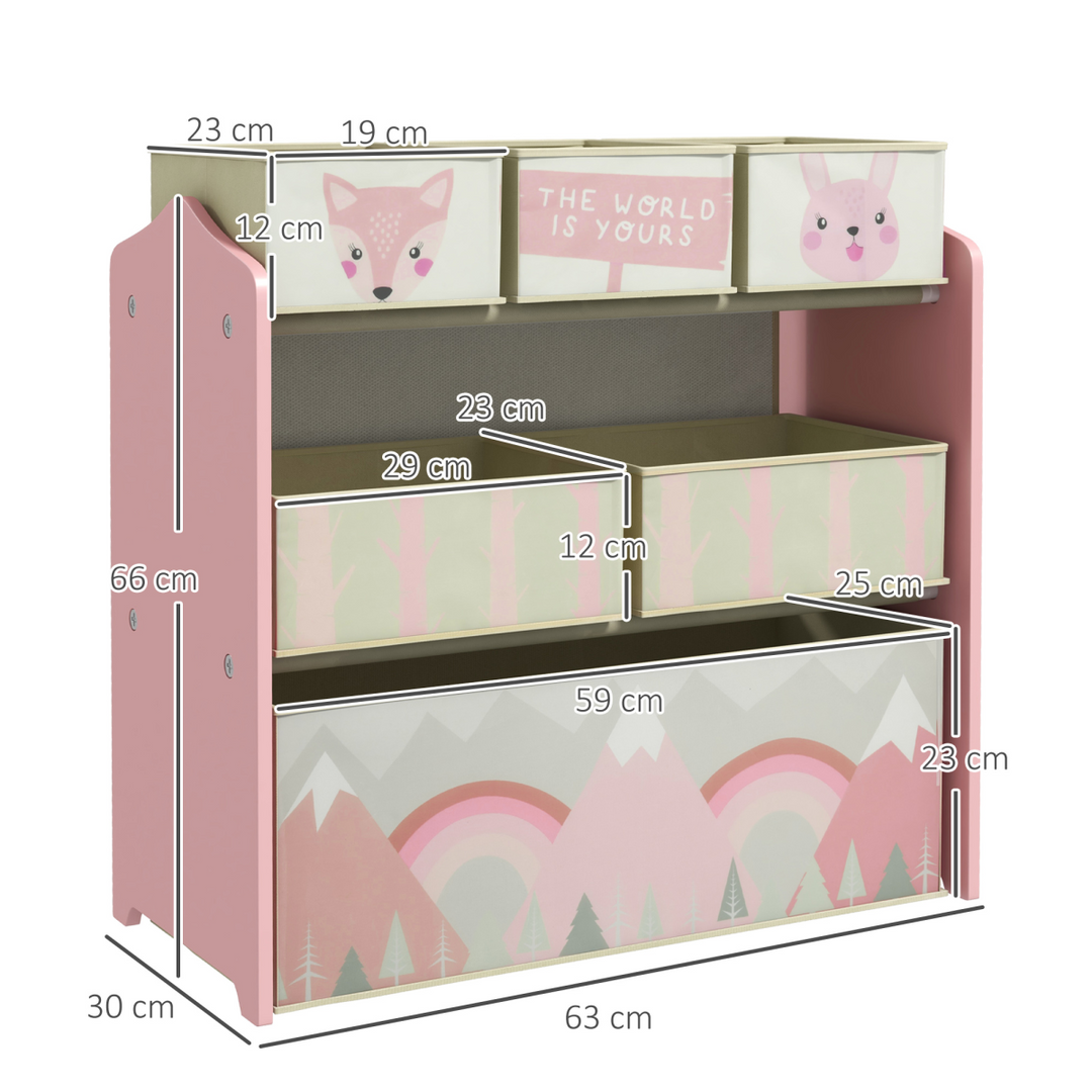 ZONEKIZ Kids Storage Organiser with Six Fabric Bins – Pink