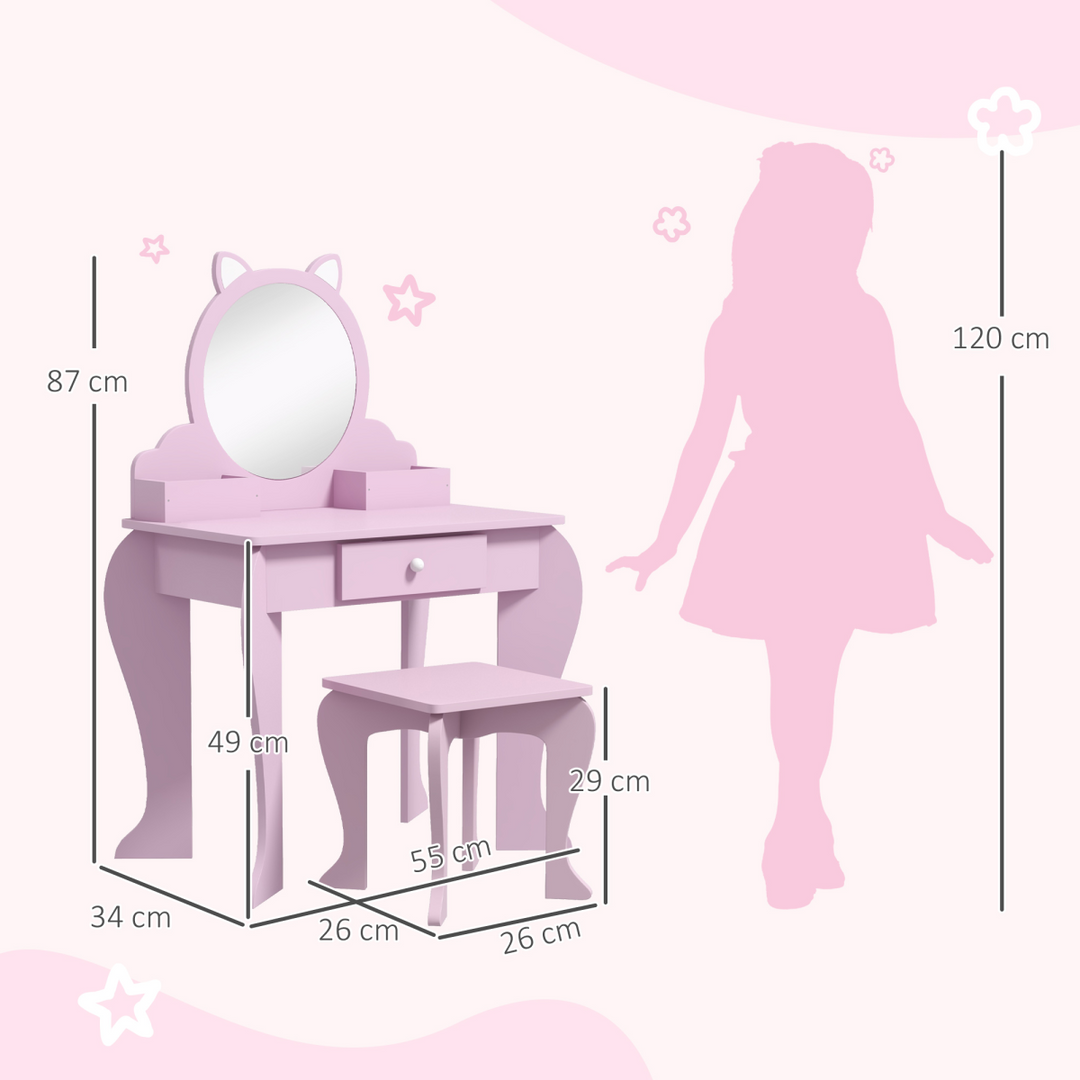 ZONEKIZ Kids Dressing Table & Stool – Pink Cat Vanity Set