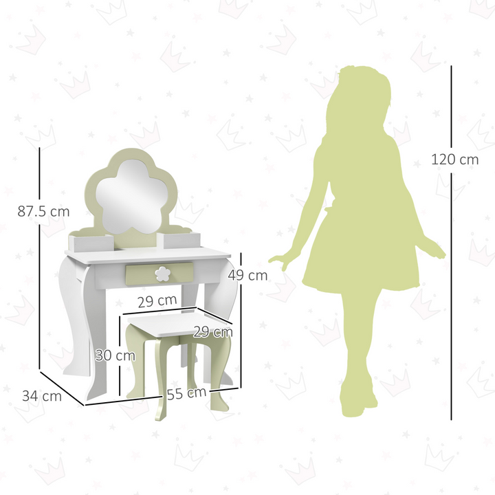 ZONEKIZ Kids Dressing Table & Stool – White Flower Vanity Set