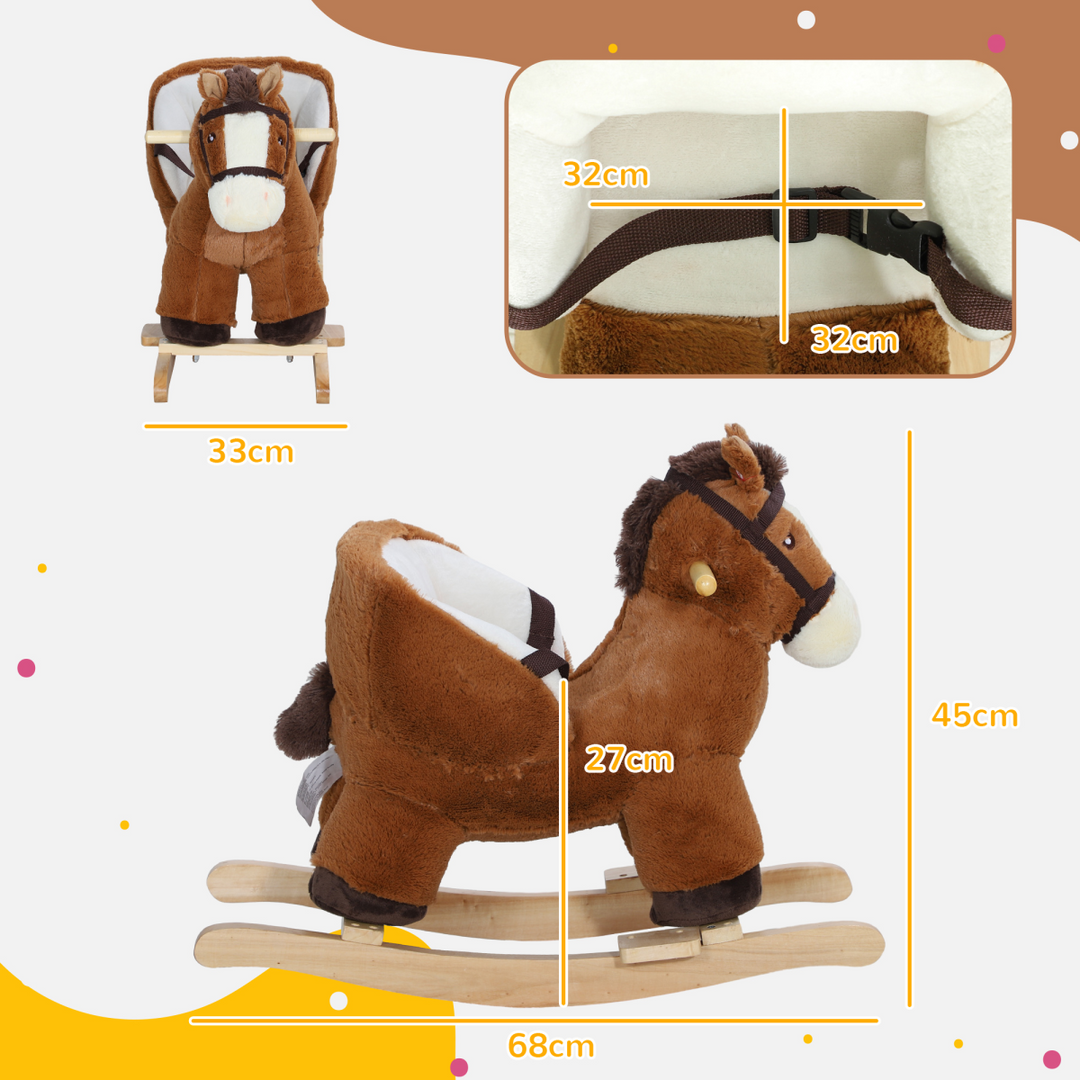 AIYAPLAY Brown Rocking Horse with Sounds & Safety Belt – 18–36M