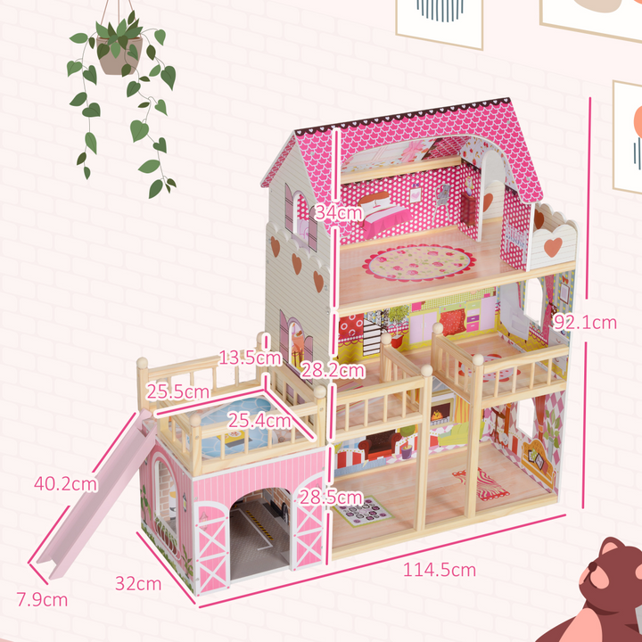 AIYAPLAY 3-Level Dolls House Play Set with 13 Wooden Furniture Pieces – Pink
