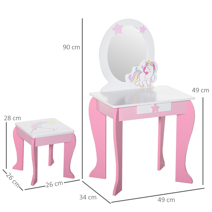 HOMCOM Kids Unicorn Dressing Table & Stool – Pink Vanity Set