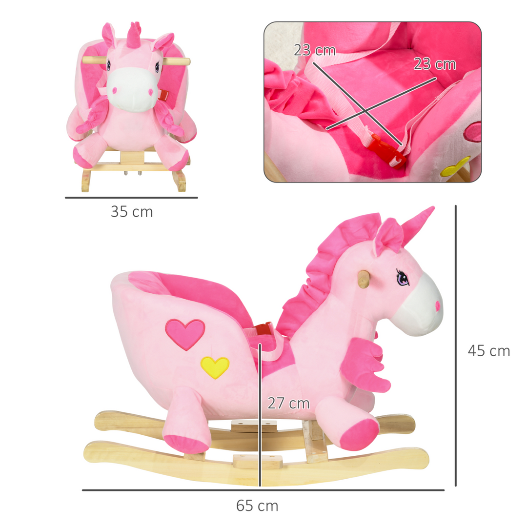 HOMCOM Kids Rocking Unicorn – Pink Plush Ride-On with Music