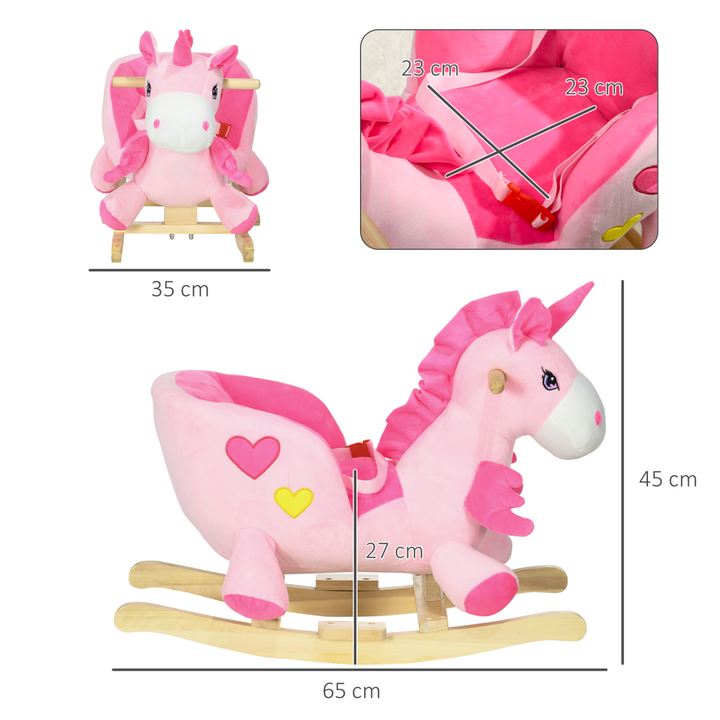 HOMCOM Kids Rocking Unicorn – Pink Plush Ride-On with Music