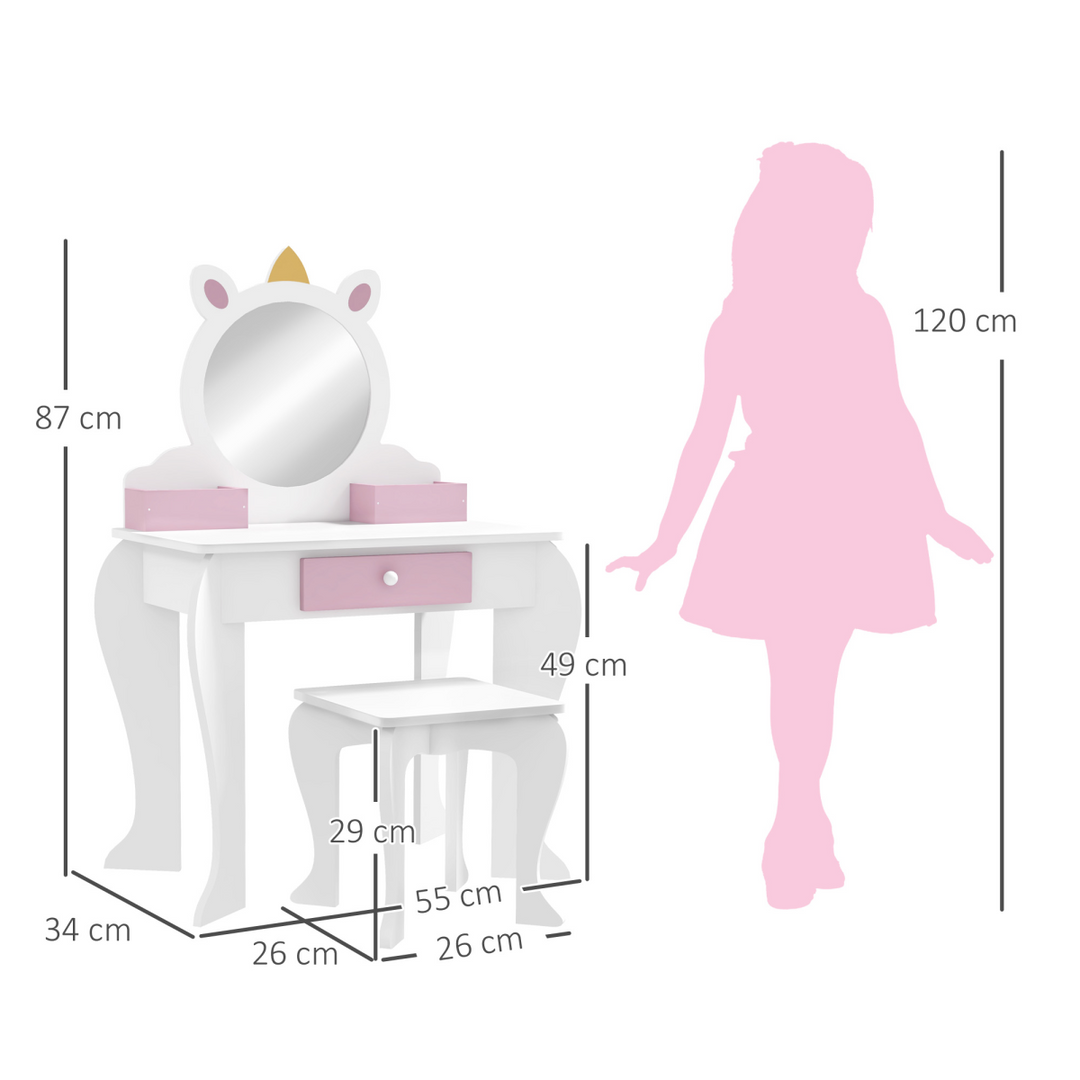 ZONEKIZ Kids Unicorn Dressing Table & Stool – White & Pink Vanity Set