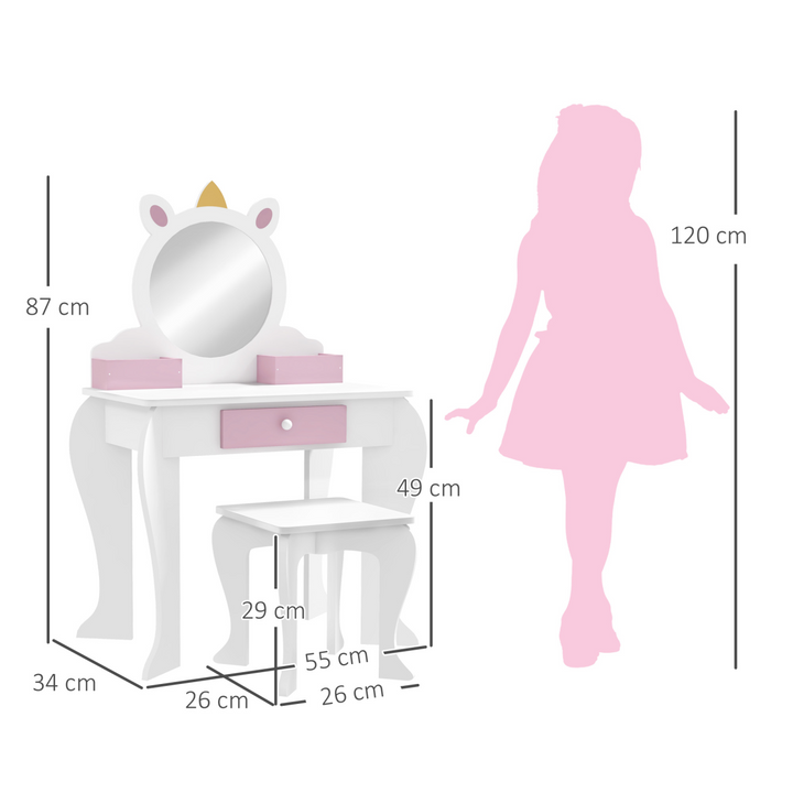 ZONEKIZ Kids Unicorn Dressing Table & Stool – White & Pink Vanity Set