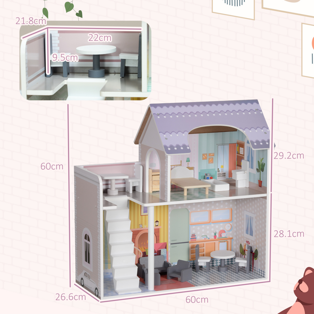AIYAPLAY 2-Level Dolls House with Balcony &amp; 13 Furniture Pieces – Multicoloured